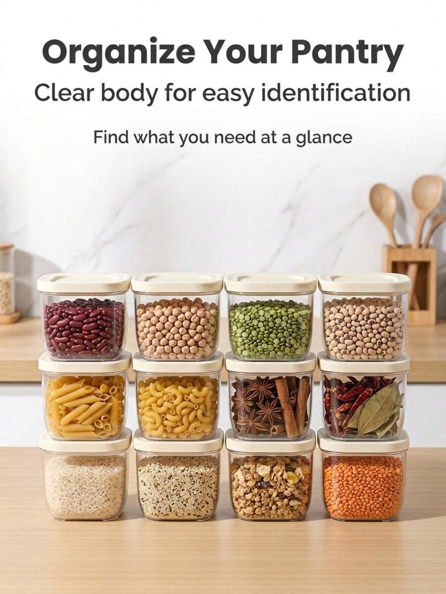 Square Transparent Plastic Storage Box With Lid, Household Kitchen Dustproof And Moisture-Proof Storage Container, Stackable Design, Raised Non-Slip Bottom, Visible Body, Suitable For Storing Spices, Dried Goods, Grains, Nuts, Snacks, Condiments In Drawers And Cabinets Food Storage And Freshness Preservation Box - Multicolor - View 1