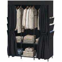 Space-Saving Fabric Wardrobe With 3 Hanging Rods, 3 Shelves, 6 Side Pockets, Dustproof Zippered Doors, Black. - Black - View 2