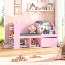 Multi-Functional Integrated Storage Bookshelf With Cushioned Seating & Movable Storage Box - Pink - View 5