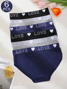 6pcs Women's Panties Triangle Briefs Fitted Underwear Solid Color Basic Style Heart & Letter Print Waistband Multi-Color - Multicolor - View 6