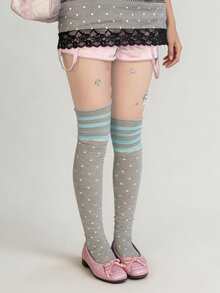 STAR RIVER 1 Pair Autumn/Winter Subculture Retro Mint Green & Grey Striped Polka Dot Contrast Lace Trim Over-The-Knee Socks, Sweet & Cool Y2K - Multicolor - View 7
