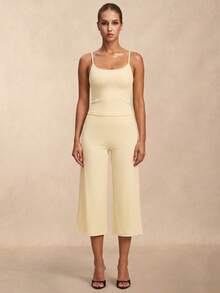 VVX Capris Legging Two Pieces Set For Women Slim Fit With Side Pleat Design, Casual And Slimming Sports Yoga Outfit - Light Yellow - View 3