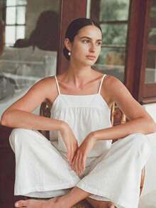 Women's Summer 2-Piece Pajama Set, Pure Cotton Minimalist Loose Sexy Backless Camisole Sleeveless Top With Fashionable Dual Pockets - White - View 1