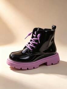 1 Pair Black Purple Girls Color Block Ankle Boots, Patent PU Lace Up Side Zipper Chunky Sole Combat Boots, Kids Round Toe Boots For School Daily - Purple - View 5