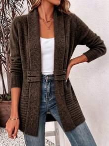 Women's Plus Size Knit Cardigan, Front Open Design, Long Sleeve, Ribbed Details, Casual Autumn/Winter Sweater Jacket - Brown - View 2