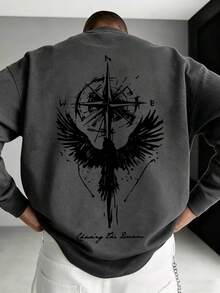 Kaos Lengan Panjang Leher Bulat Motif Kompas & Sayap Serbaguna untuk Pria, Cocok untuk Musim Semi/Gugur - Dark Grey - View 1