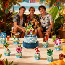 Vibrant Paper Hawaiian Tropical Cake Topper Set, Summer Beach Floral Palm Tree Ukulele Print Multi‑Color Irregular Picks For Luau Kids Birthday Party Cake Decor Supplies - View 3