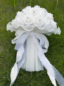 1pc White Artificial Rose Bridal Bouquet, Rhinestone PE Flower Bouquet With Pearl Lace Trim And Long Satin Ribbon, Wedding Handheld Bouquet - White - View 4