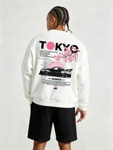 Men's Spring/Autumn Minimalist Cherry Blossom Car Print Letter Crew Neck Long Sleeve Sweatshirt And Shorts Casual Set - Black and White - View 1