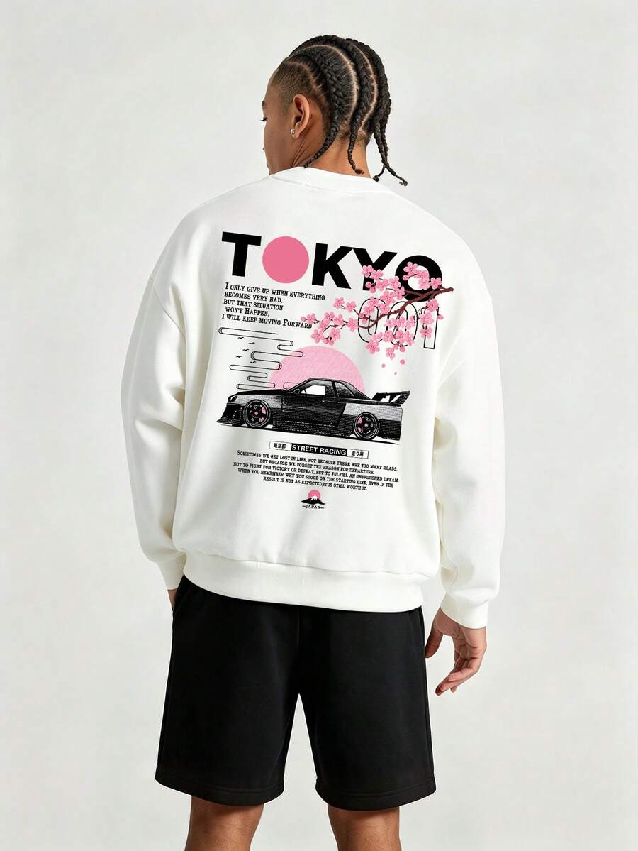 Men's Spring/Autumn Minimalist Cherry Blossom Car Print Letter Crew Neck Long Sleeve Sweatshirt And Shorts Casual Set - Black and White - View 1