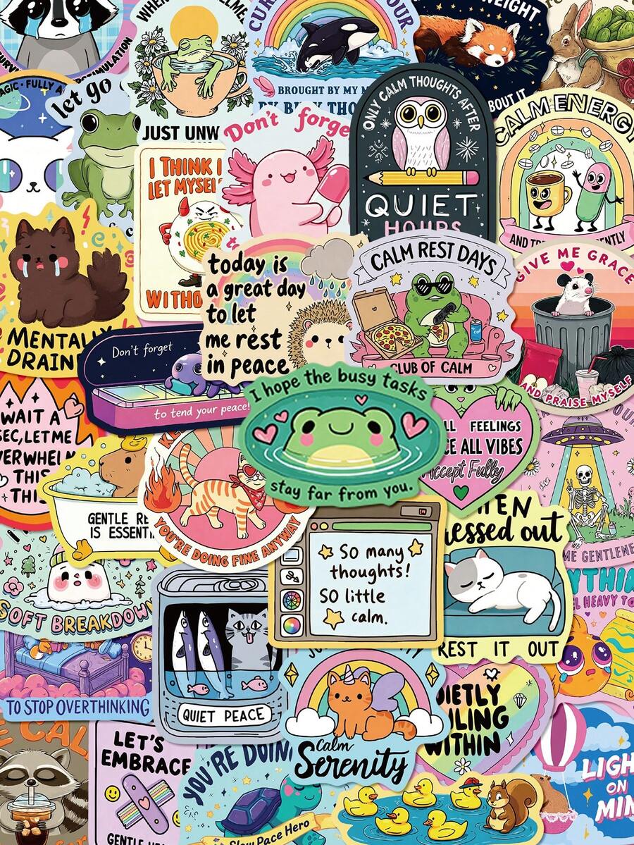 50pcs Fun Mental Health Stickers For Scrapbook, Planner, Phone Case, Refrigerator, Journal, Diary, Guitar, Helmet, Skateboard, Laptop, Self-Adhesive - Multicolor - View 1