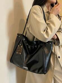 New Fashionable Large-Capacity Women's PU Tote Bag With Stud Accents-Casual, Versatile, Shoulder Commuter Bag And Handbag - Black - View 5