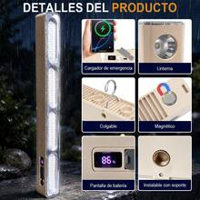 Lámpara LED recargable 6 modos de luz, linterna y alerta, 4 formas de fijación, para camping y emergencias - Albaricoque - Ver 8
