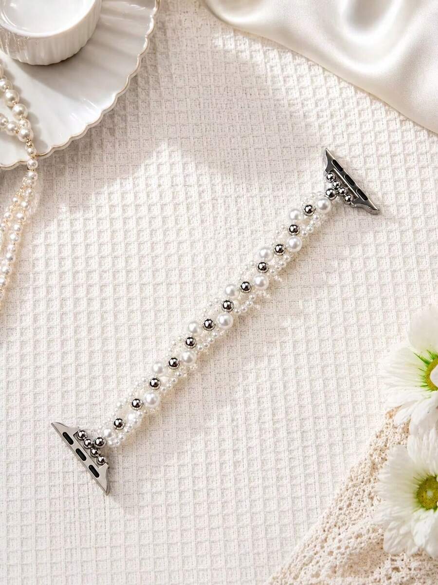 1pc Women's Single-Row Pearl-Style Beaded Bracelet Watch Band, Elastic Stretch Watch Strap Compatible With Apple Watch 38/40/41mm & Series 10 42mm - White - View 1
