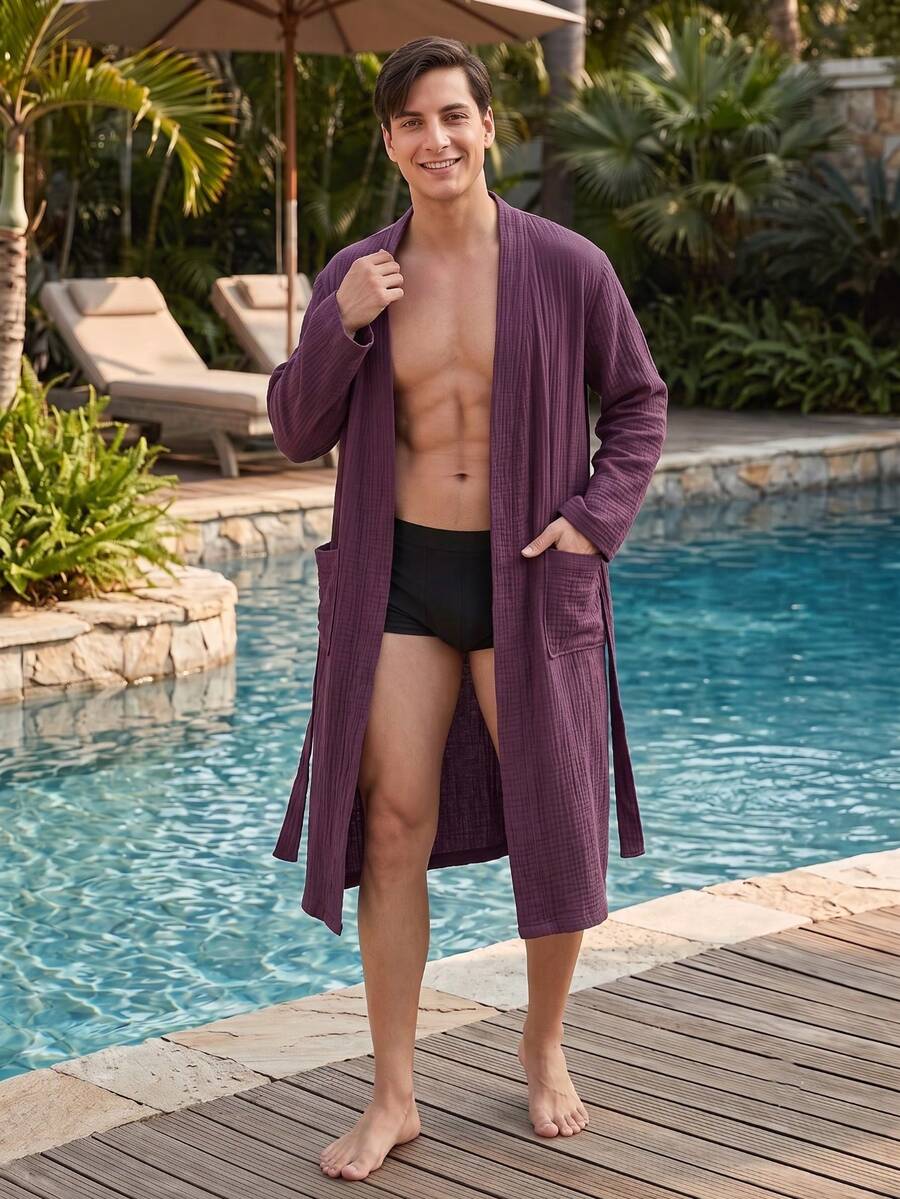1件男士100%純棉雙層紗布休閒長袖浴袍，吸濕快乾家居服睡衣，寬鬆版型長款，適合春、夏、秋季