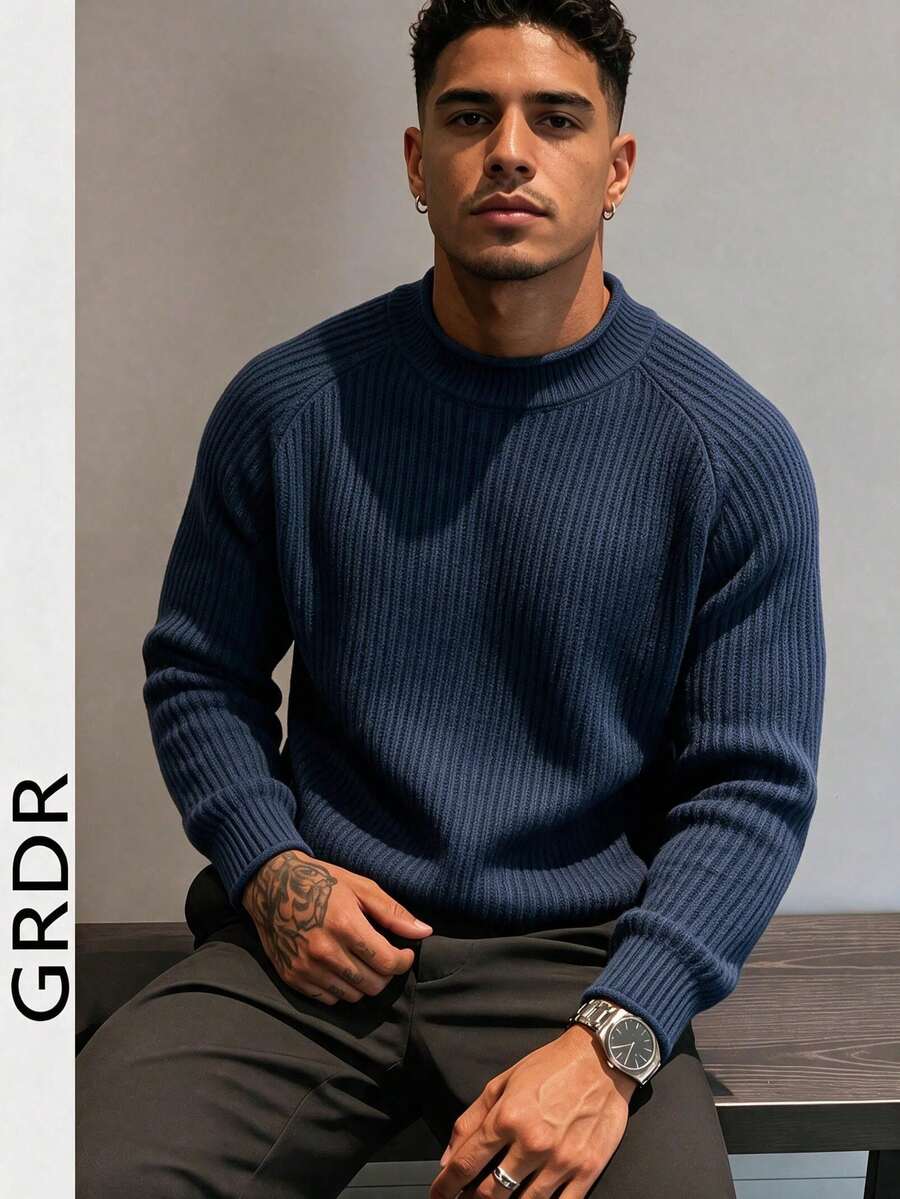 GRDR 男士休閒圓領長袖針織毛衣，秋冬款