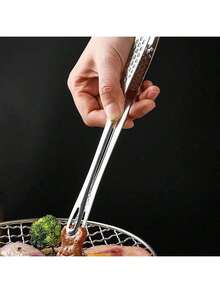 1pc Stainless Steel Food Tongs, Long Handle Non-Slip BBQ Tongs, Steak Tongs, Kitchen Utensil Accessory - Silver - View 3