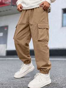 1pc Tween Boys Loose Drawstring Solid Color Cargo Pants, Suitable For Commuting, School, Casual, Travel - Khaki - View 4