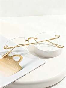 Metal Rimless Rectangular Small Frame Glasses, Unisex Minimalist Ultra-Light Fashion Eyewear, Suitable For Daily Commute - Clear - View 11