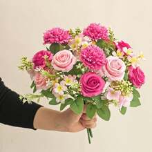 1pc/3pcs Artificial Silk Rose Bouquet With Daisy And Dandelion, Bulk Wholesale For Wedding, Home, Party Decoration And Table Centerpiece - Hot Pink - View 4