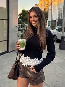 Black Fitted Knit Sweater With Elegant Lantern Sleeves And Embroidered Lace Hem Splice, Suitable For Dating, Commuting, Holidays And Parties - Black - View 4