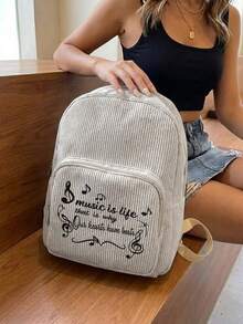1PC Women Mini Corduroy Backpack, Girl Fun‑Print School Bag, Travel Storage Bag, Large‑Capacity Foldable Lightweight Backpack With Multi‑Layer Pockets & Zipper Closure - Text 22717 - View 4