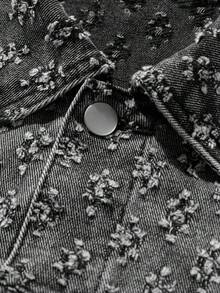 Áo khoác denim nam màu đen họa tiết hoa, cổ bẻ, nhiều túi, cài nút bấm, dáng rộng vai trễ, phong cách vintage, áo khoác ngoài - Màu xám đen - Xem 7
