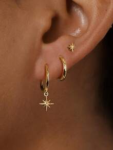 3pcs Exquisite Earring Set, 14K Gold Plated Star Earrings, Hypoallergenic Delicate Ear Cuff Studs, Daily Earring Layering, Suitable For Sensitive Ears - Gold - View 1
