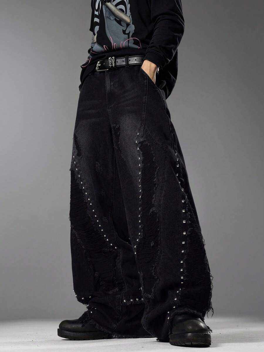 Street Style Black Spliced Men Jeans, Beaded Decor Wide Leg Pants, Comfortable Versatile All Season Trousers (No Belt & Accessories) - Black - View 1