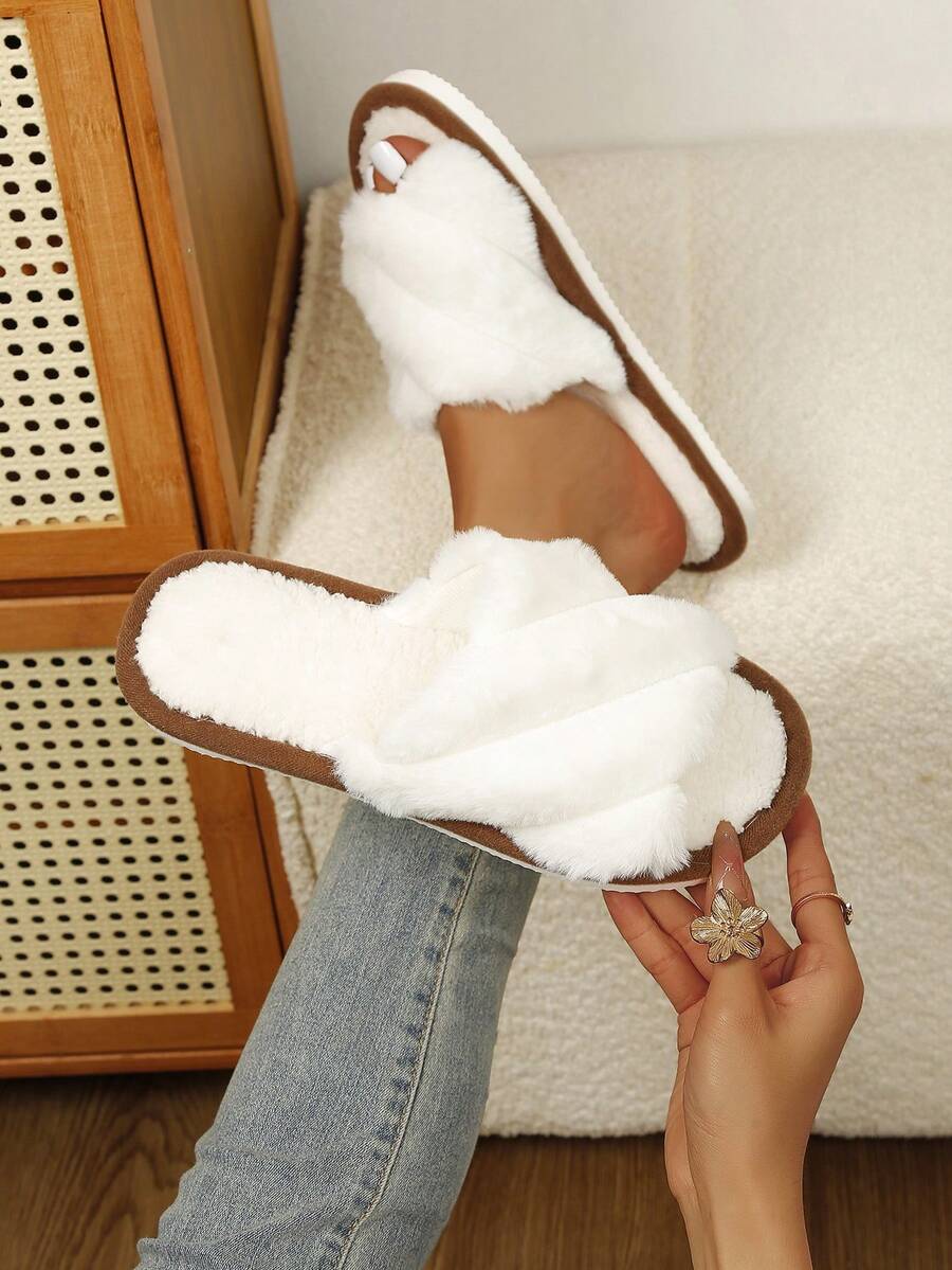 Women's Fuzzy Slippers, Soft And Fluffy, INS Style, Indoor Bedroom Slip-On Open Toe Warm Plush Slippers For Autumn/Winter - White - View 1