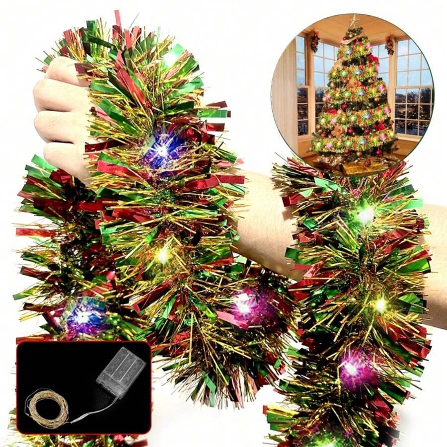 LED Christmas Tinsel Garland Metallic Shiny Garland With LED Lights 5m/50LEDS Xmas Tree Garland Thick Hanging Suitable For Home Decor