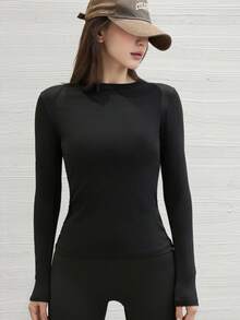 Ribbed Crew Neck Long Sleeve Top, Slim Fit High Stretch Basic Tee, Soft Comfy Solid Color Casual Layering Undershirt For Women - Black - View 2