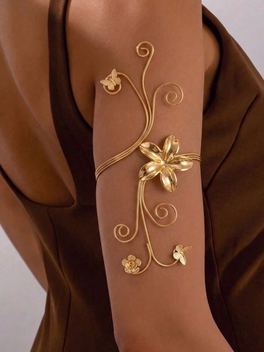 1件復古浪漫仙女風 3D花朵與蝴蝶金色螺旋可調節手臂飾圈,適合女性日常通勤、度假、旅行攝影、晚宴、節慶、禮物 - 金色 - 查看 1
