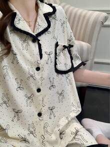 2pcs Women Pajama Set, Bow Print Short Sleeve And Shorts, Casual Comfortable Fashion, Suitable For Spring/Summer Home Wear - Champagne - View 4