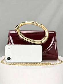Fashionable Metal Decor Mini Clutch, Elegant Glossy Metal Strip Accents, Luxurious Texture, Suitable For Evening Gowns, Weddings, Parties, Includes Metal Chain - Burgundy - View 9