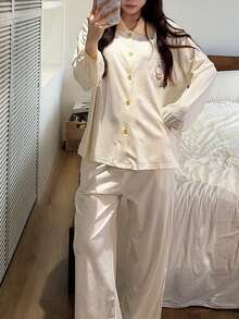 Gongdie 2pcs Miffy Women Pajama Set, Autumn White Polka Dot Soft Modal Cotton Loungewear, Contrast Collar And Pocket Design - Beige - View 5