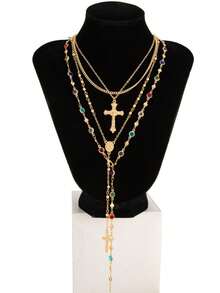 4pcs/Set Faux Gemstone Rhinestone Cross Necklace Set, Elegant Vintage, Daily Accessory For Women Summer Beach Dance Party Wear (Rhinestone Color Random) - Golden - View 5