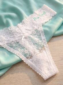 Custom Text Embroidered Soft Lace Thongs For Women, Cute Floral Low Waist G-String Panties, Personalized Lingerie Birthday Anniversary Gift For Her - White - View 6