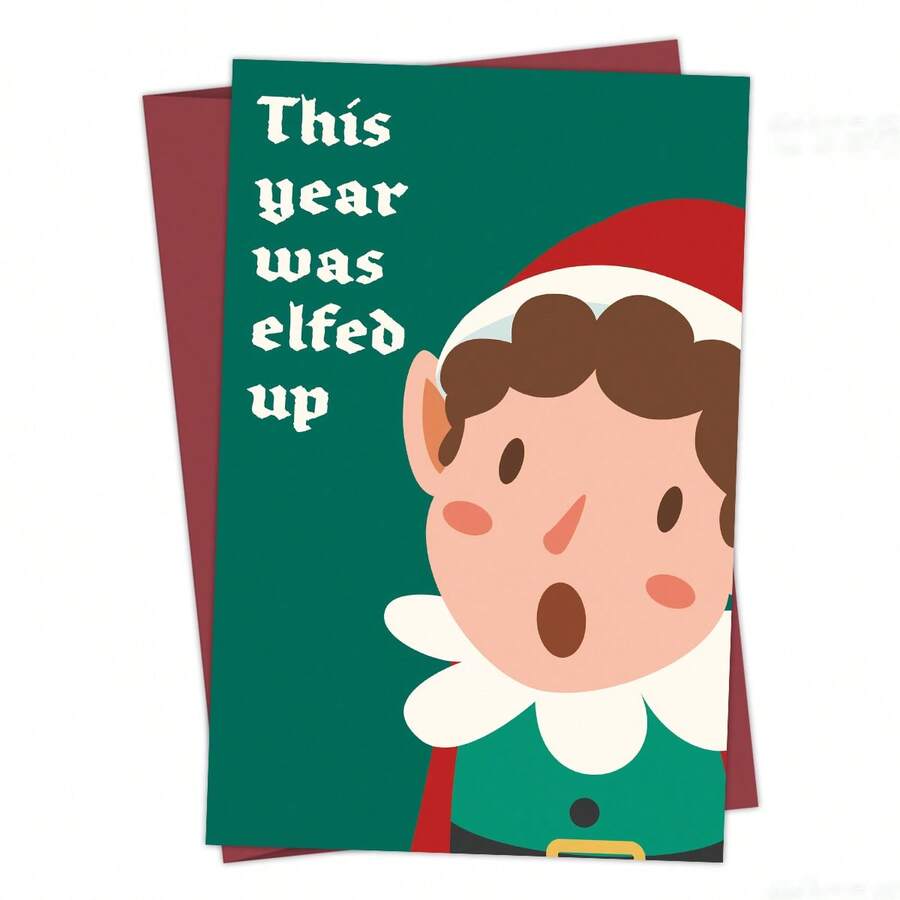 1pc Funny Elf Themed Christmas Card With Envelope - "This Year The Elves Made A Mess", Winter Holiday Greeting Card, Christmas Blessing Card For Family, Friends And Colleagues, Christmas Gift - A - View 1