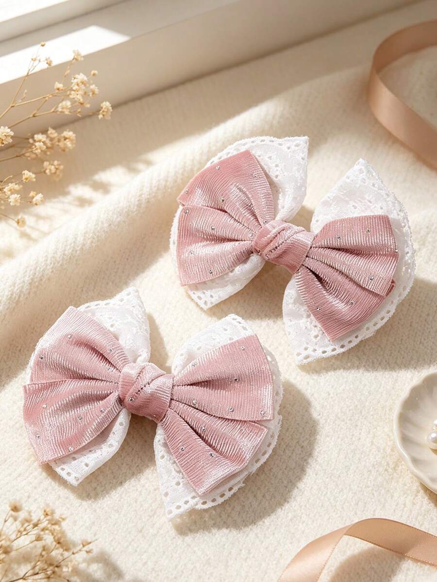 2pcs Pink Lace Bow Hair Clips, Shiny Rhinestone Satin Bow Hair Clips, Sweet Pastoral Style Hair Accessories For Girls And Teenagers, Daily, Vacation, Party Wear, Gift - Pink - View 1