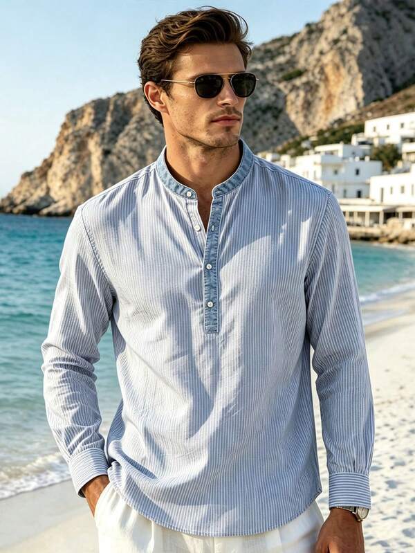Men's Stand Collar Striped Long Sleeve Shirt, Loose Fit Versatile Half-Button Pullover Blouse, Spring/Autumn