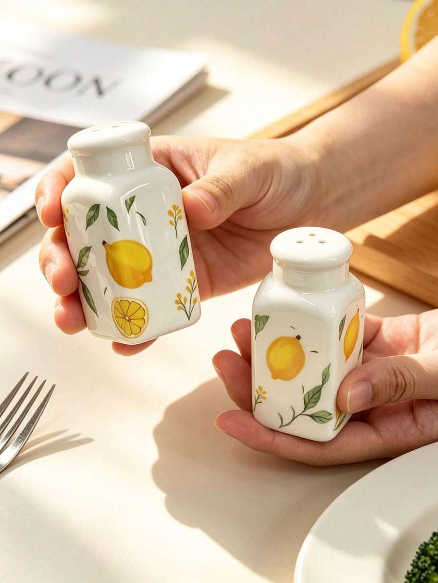 1 Set Lemon Ceramic Pepper Shaker, 2-Hole 3-Hole Lemon Salt Shaker, Seasoning Jar, Spice Storage Container, Suitable For Home Decor Tableware, Kitchen BBQ Seasoning Bottle, Gift, Holiday Gift - Multicolor - View 1