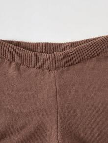Autumn/Winter New Women's Big Tween Girl Solid Color Drop Shoulder Knit Pullover Sweater, Paired With Same Color Drape Straight Leg Pants, Casual Home & Outdoor Versatile 2 Pieces Set - Brown - View 5
