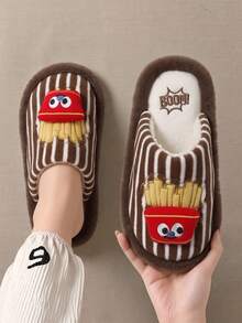 Cartoon French Fries Box Men's Slippers, Cute Striped Plush House Bedroom Slippers For Winter, Couple Wear - Dark Brown - View 10