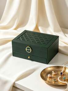 1pc Large Capacity Jewelry Box With Drawer, White Green Color Block Black Optional, Top Layer Necklace Hooks Ring Slots Earring Board, Bottom Layer Drawer Partition, Lockable Dust-Proof, Vanity Storage Watch Slot, Anti-Oxidation, Necklace Hooks, Home Use Zipper - Multicolor - View 12