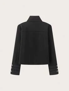 Women's Metal Buckle Slim Fit High Neck Wool Short Jacket - Black - View 3