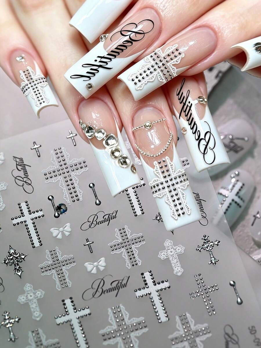 1pc Studs Polka Dots Cross Matrix Nail Art Stickers Gothic Letters Metallic Silver Lace Cross Self-Adhesive Nail Stickers Punk Cross-Shaped Nail Decals