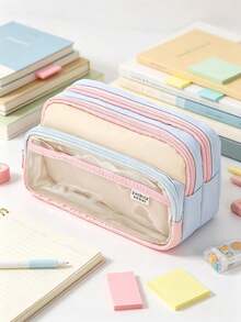 1 pieza Estuche para lápices de gran capacidad, diseño multifuncional de bloques de color, adecuado para el primer día de escuela de los estudiantes, accesorio de decoración de escritorio estético - Multicolor - Ver 2