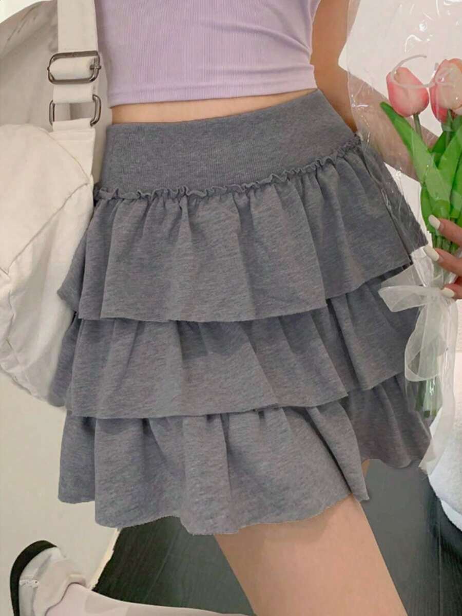 Sweet Solid Color Cake Skirt, Elastic Waist, Multi-Layer Ruffle Hem, Slimming, Anti-Exposure, Fluffy Skirt - Grey - View 1