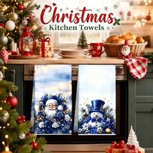 4PCS Christmas Kitchen Towels, Blue‑Gold Santa Snowman Lantern & Stocking Print Dish Towels, Festive Xmas Holiday Home Decor Hand Tea Towels For Kitchen - Blue - View 3